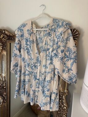 Free People Cream and Blue Floral Mini Dress